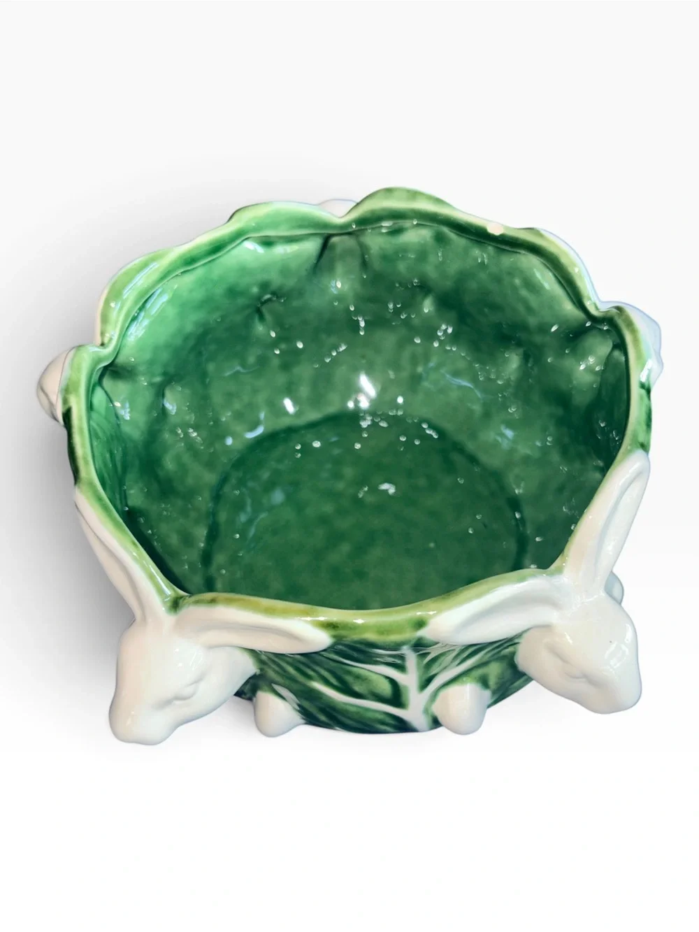 Vintage Maxcera Cabbages Bunny Planter | Green Ceramic Rabbit Cachepot
